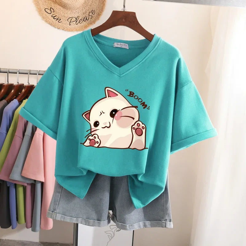 EBAIHUI 100% Cotton L-6XL T Shirt Plus Size Tshirt Short Sleeve Women Top Summer Cartoon Print Couple V Neck Oversized T Shirts