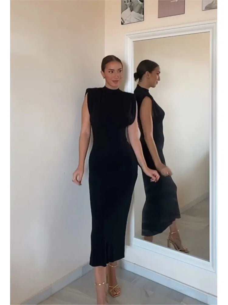 Vestidos Midi negros con cuello redondo para mujer, vestidos sexis sin mangas con abertura trasera y cintura alta, vestidos ajustados, ropa de calle elegante para mujer, batas elegantes