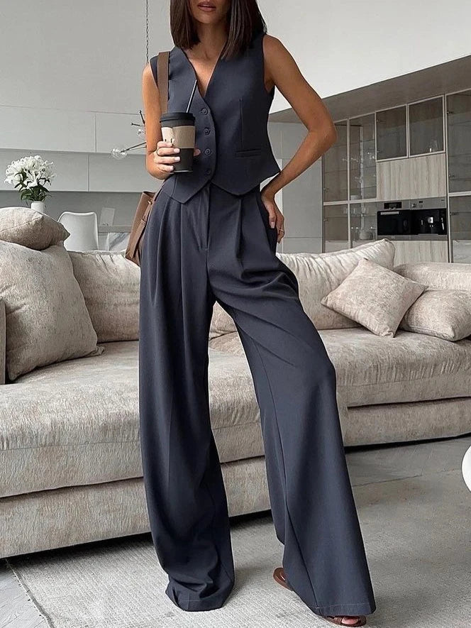 Blue Wide Leg Trousers Office Suit for Women 2024 Spring V-neck Sleeveless Vest Two Piece Set Pantsuit Women's Tracksuit Outfit