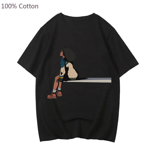 SZA SOS Anime Graphic T-shirts Women Retro Manga Tshirt 100% Cotton Cartoon Tee Shirt Oversized Short Sleeve Plus Size Tops