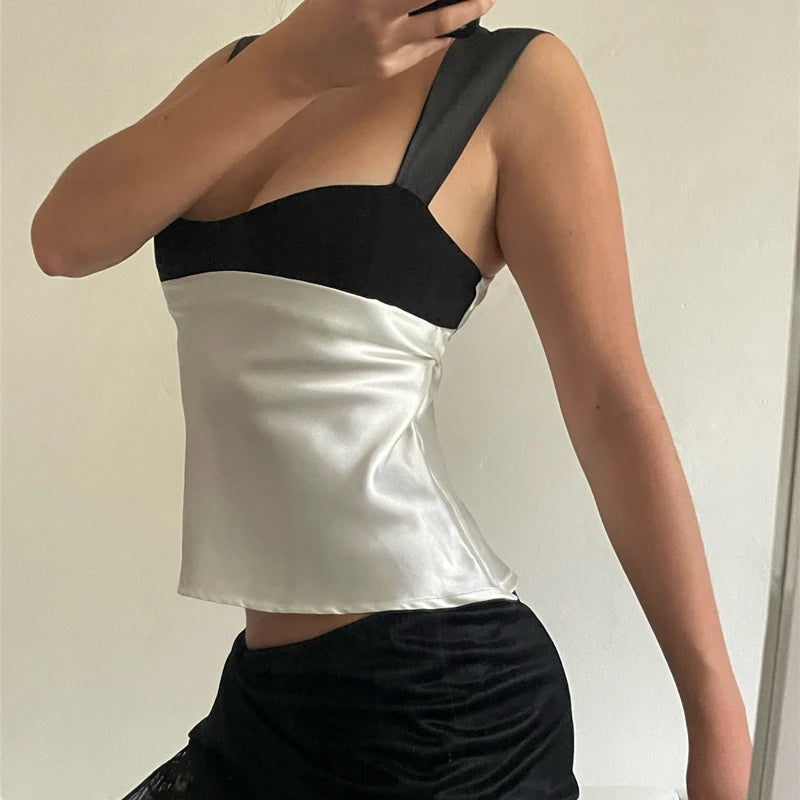 Xeemilo Sexy Satin Patchwork Tank Top Women Backless Tie Up Skinny Camis Crop Tops Y2K Fairy Girl Holiday Partywear Camisole