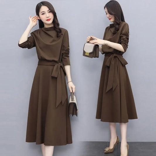 Long Sleeves Dresses Spring Autumn Solid Color Fashion Dress Women's Midi Elegant Loose Ladies 2023 Casual Dressed Luxury Korean