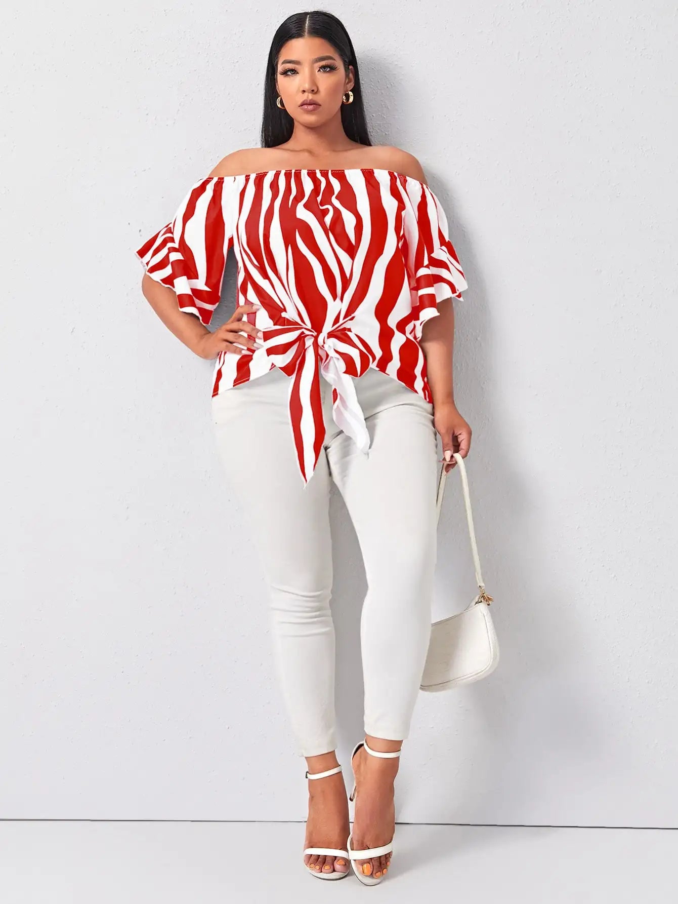 Finjani Red Panel Blouse Barrel Neck Bell Sleeves Striped Tops 2023 Loose Lace up Elegant Plus Size Women's Blouses