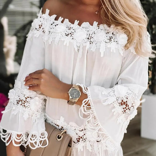 Hollow Out Flower Applique Star Summer Dress 2023 Lace Off Shoulder Trumpet Sleeve Solid Color Women Midi Dress