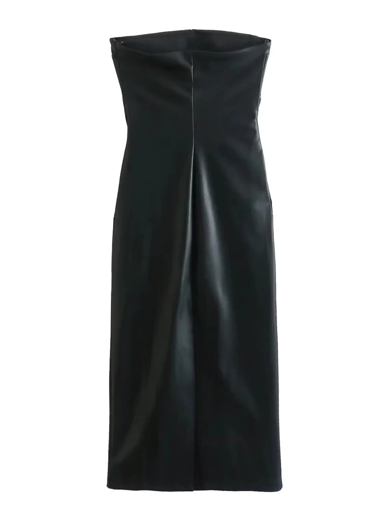 TRAF-vestido negro de piel sintética para mujer, vestidos largos ajustados con hombros descubiertos para mujer, vestido Sexy sin espalda, vestidos de fiesta por debajo de la rodilla 2023