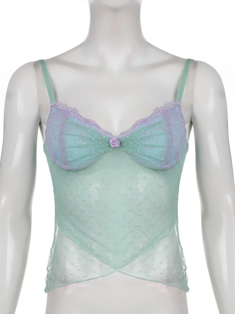 IAMHOTTY – Corset en dentelle imprimé à pois pour femmes, avec des Appliques de fleurs, laitière, Sexy, Transparent, haut court, Camis Y2K, réservoir esthétique Transparent