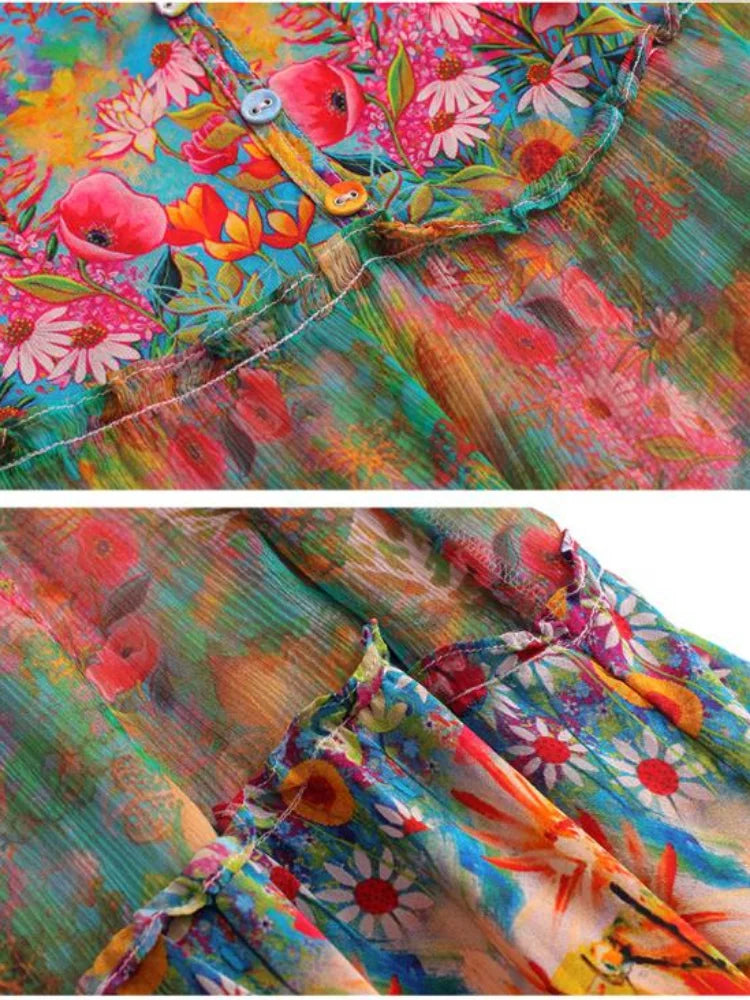 High Quality Summer 2023 Beach Boho Vintage Print Chiffon V Neck Dress Elegant Party Robe Designer Vestidos Loose Midi Dresses