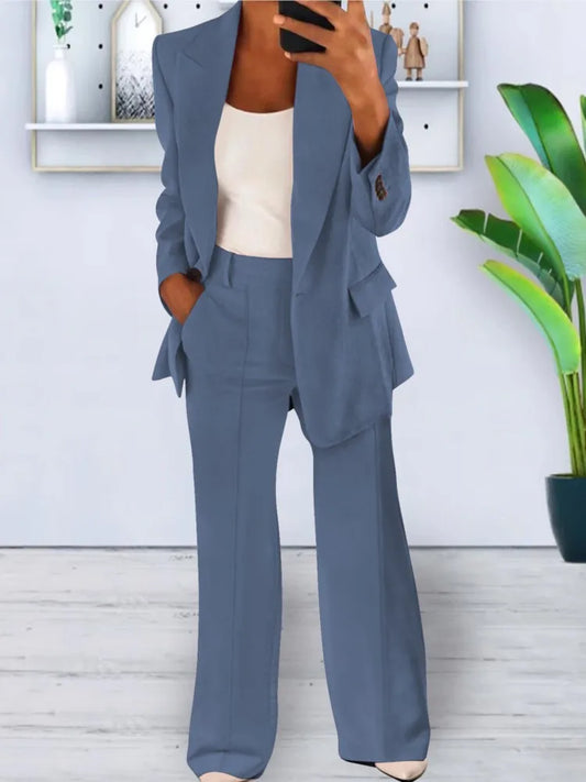 Blazer de couleur unie pour femme, costume à manches longues, Simple et décontracté, avec poches, mode tempérament, pantalon de bureau, ensemble 2 pièces, automne et hiver