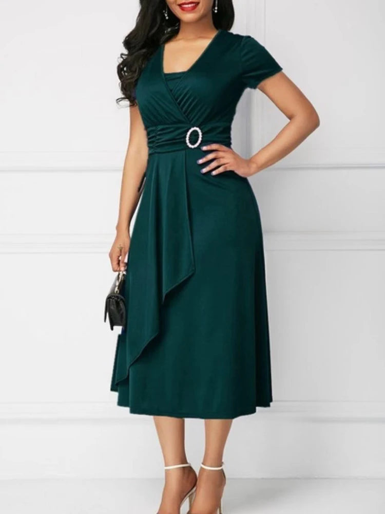 Robe d'été élégante pour femmes, couleur unie, manches courtes, col en V, ourlet asymétrique, taille serrée, robe de soirée mi-longue pour dames