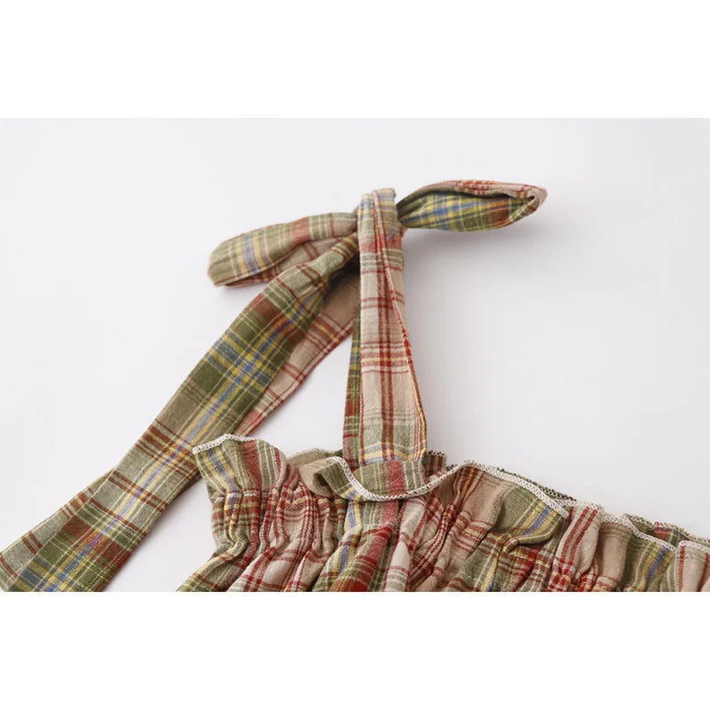 Girly Y2k Haut Court Fait Maison D'été Nouveau Japon Style Vintage Doux Épicé Champignon Bord À Lacets Vert Plaid Sangle Débardeur pour les Femmes