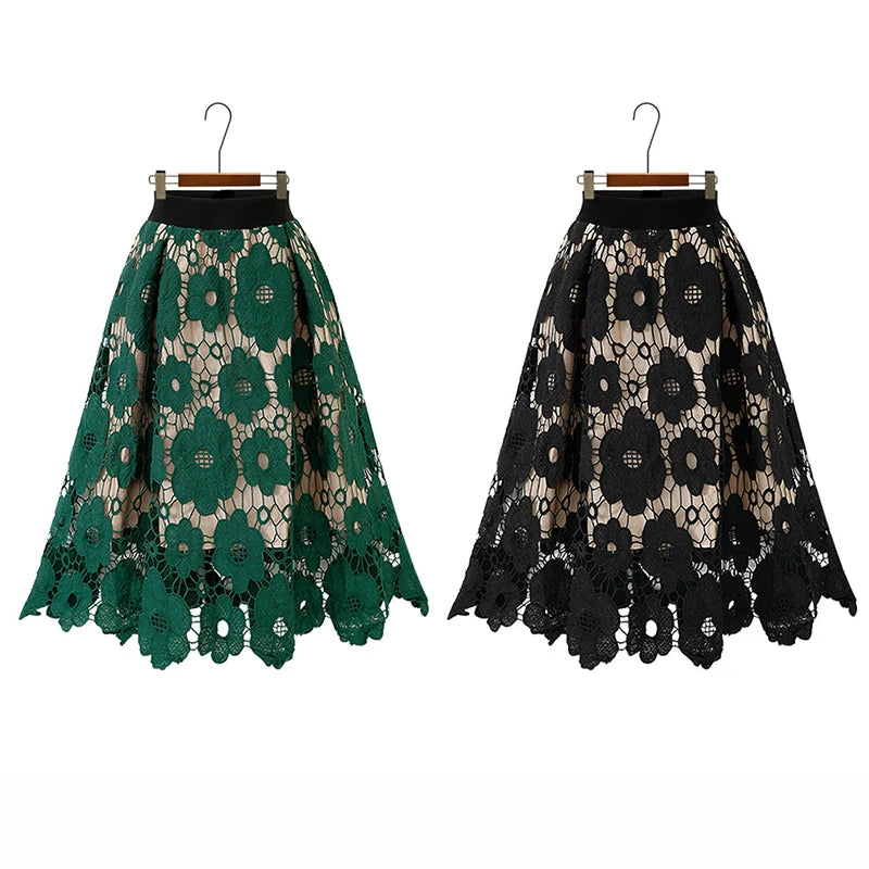 Elegant Summer Boho Lace Skirts Women Vintage Mesh Hollow Out Midi Plus Size Skirt Elastic Waist A-Line Saias Black Red Green