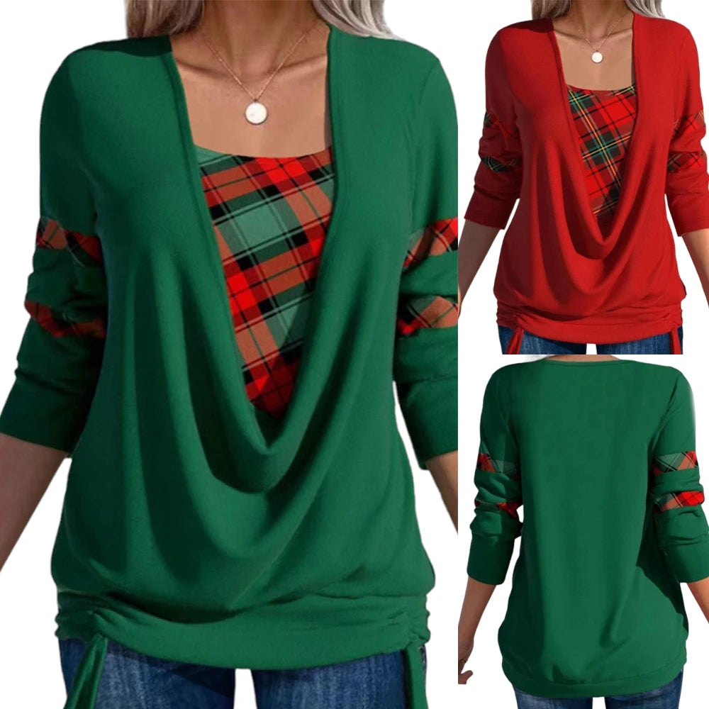 Camiseta informal de manga larga con cuello en V para mujer, remera tejida con cordón para Festival, Navidad, ropa de talla grande de 2 piezas, Otoño e Invierno