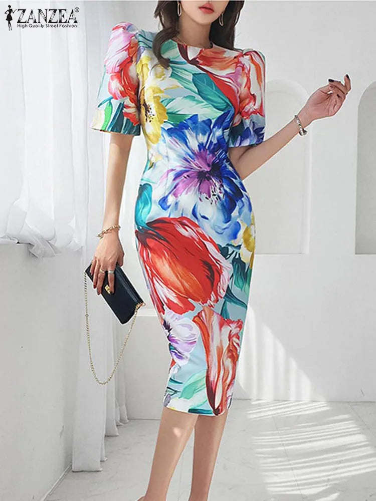 Bohemian Women Floral Printed Sexy Dresses ZANZEA 2023 Summer Slim Party Sundress Short Puff Sleeve Waisted Holiday Midi Robe