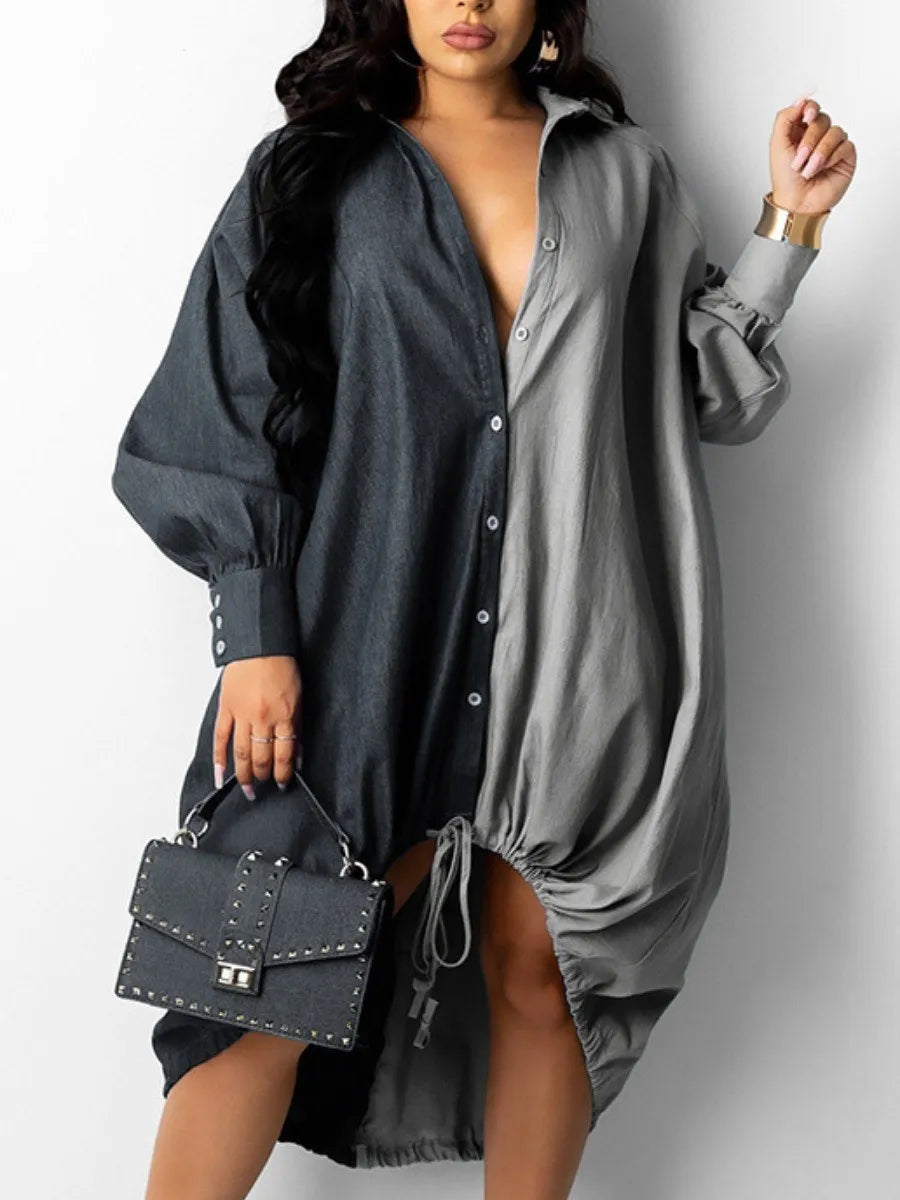 Plus Size dresses Drawstring Patchwork Shirt Dress Fashion Drop Shoulder Long Sleeve Shirt Collar Women Streetwears vestido