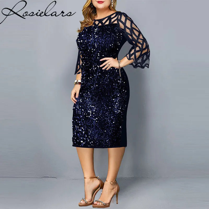 Elegant Sequin Plus Size 4XL 5XL Women Midi Dress Sexy Casual Evening Party Dresses Gown Wedding Luxury Robe Rouge Vestidos