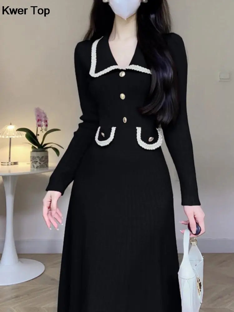 Vestido Midi tejido acanalado suave a la moda para mujer, Otoño Invierno, manga larga, cuello vuelto, suéter con botones, ropa, jersey para mujer