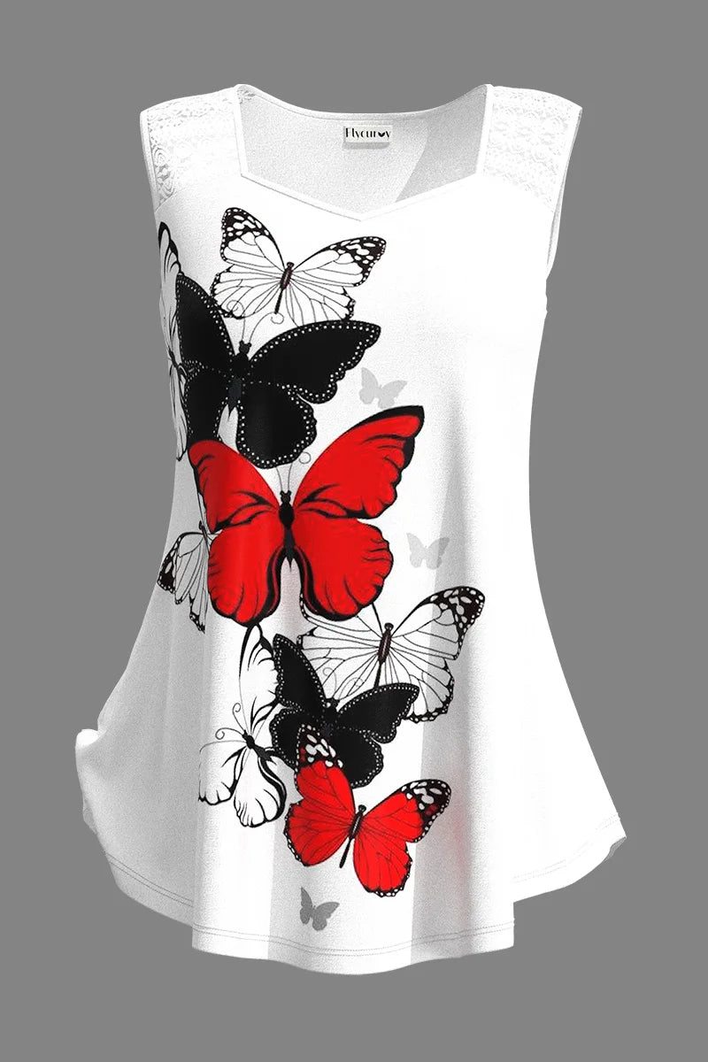 Camiseta sin mangas de talla grande para mujer, camiseta informal con costuras de encaje blanco, estampado de mariposa, sin mangas, Camiseta holgada básica con cuello cuadrado, camiseta sin mangas para verano