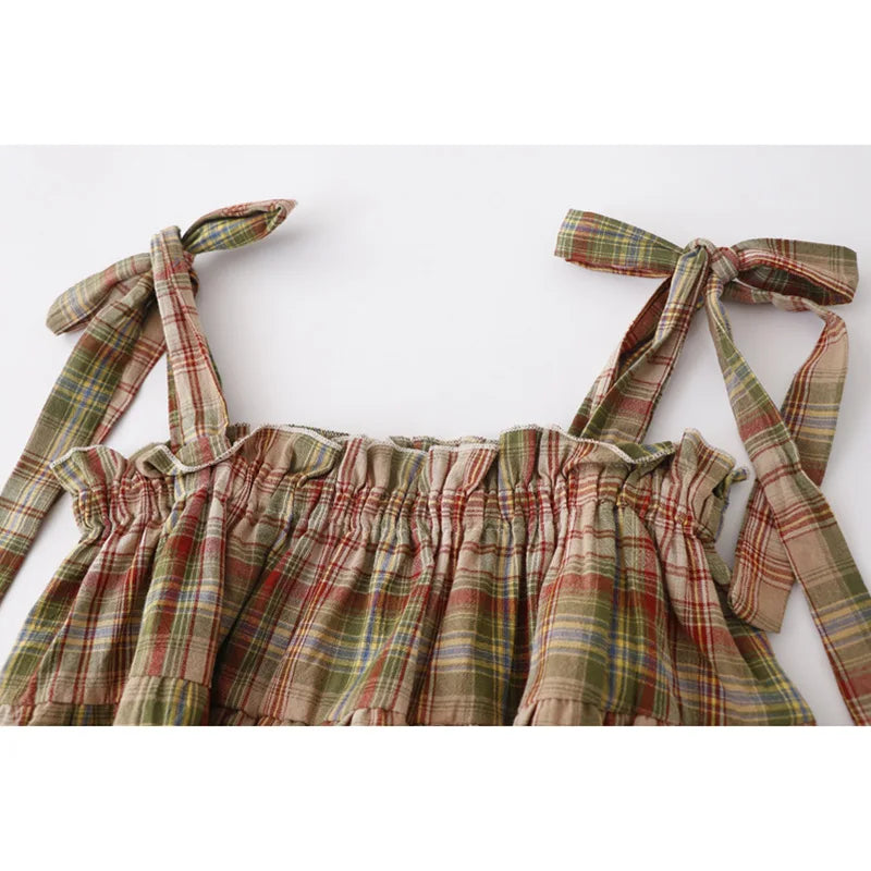 Girly Y2k Haut Court Fait Maison D'été Nouveau Japon Style Vintage Doux Épicé Champignon Bord À Lacets Vert Plaid Sangle Débardeur pour les Femmes