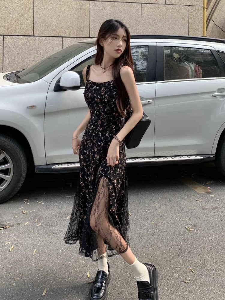 Deeptown Y2k Vintage Black Mesh Dress Women Korean Reviews Many Dresses Fairy Floral Summer One Piece Midi Slip Chiffon Vestidos