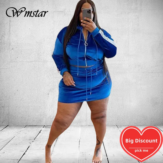 Wmstar-ropa de talla grande para mujer, chándal de terciopelo, conjunto de 2 piezas con capucha, minifaldas, conjuntos a juego, venta al por mayor, envío directo