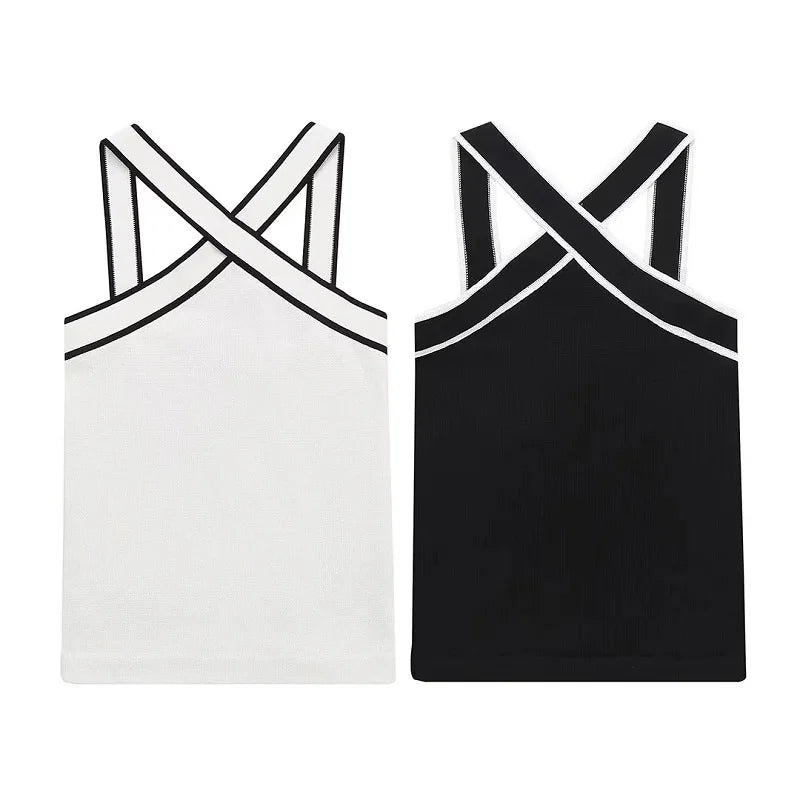 TRAF 2023 Woman Off shoulder Halter neck Knitted Top Women Black White Knit Crop Top Summer Sleeveless Backless Tank top Cami