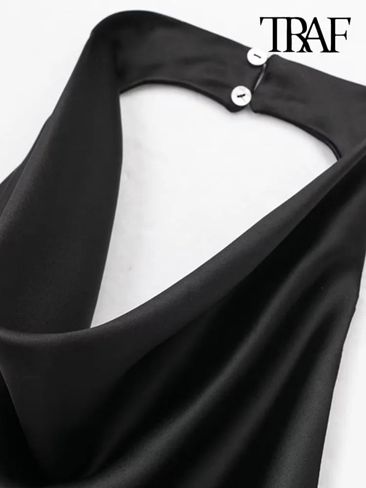 TRAF-camisetas sin mangas de satén con cuello Halter para Mujer, camisola Sexy con espalda descubierta y botón para Mujer