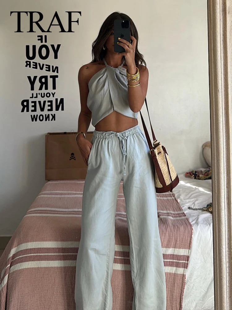 TRAF Female Summer Causal Solid Pants Suit Sleeveless Camisole Y2K Fashion  Street Female Tie Dye Tank Tops+Long Pants Set Mujer