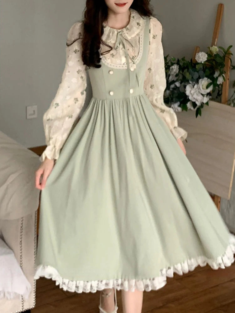 Robe de soirée en dentelle pour femmes, verte, élégante, Vintage, à bretelles, mi-longue, rétro coréen, douce, fée Kawaii, printemps, 2023