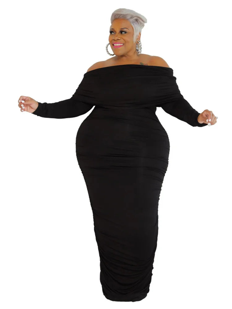 Wmstar Plus Size Dresses Women Solid Off Shoulder Long Sleeve Draped Bodycon Stretch Elegant Maxi Dress Wholesale Dropshipping