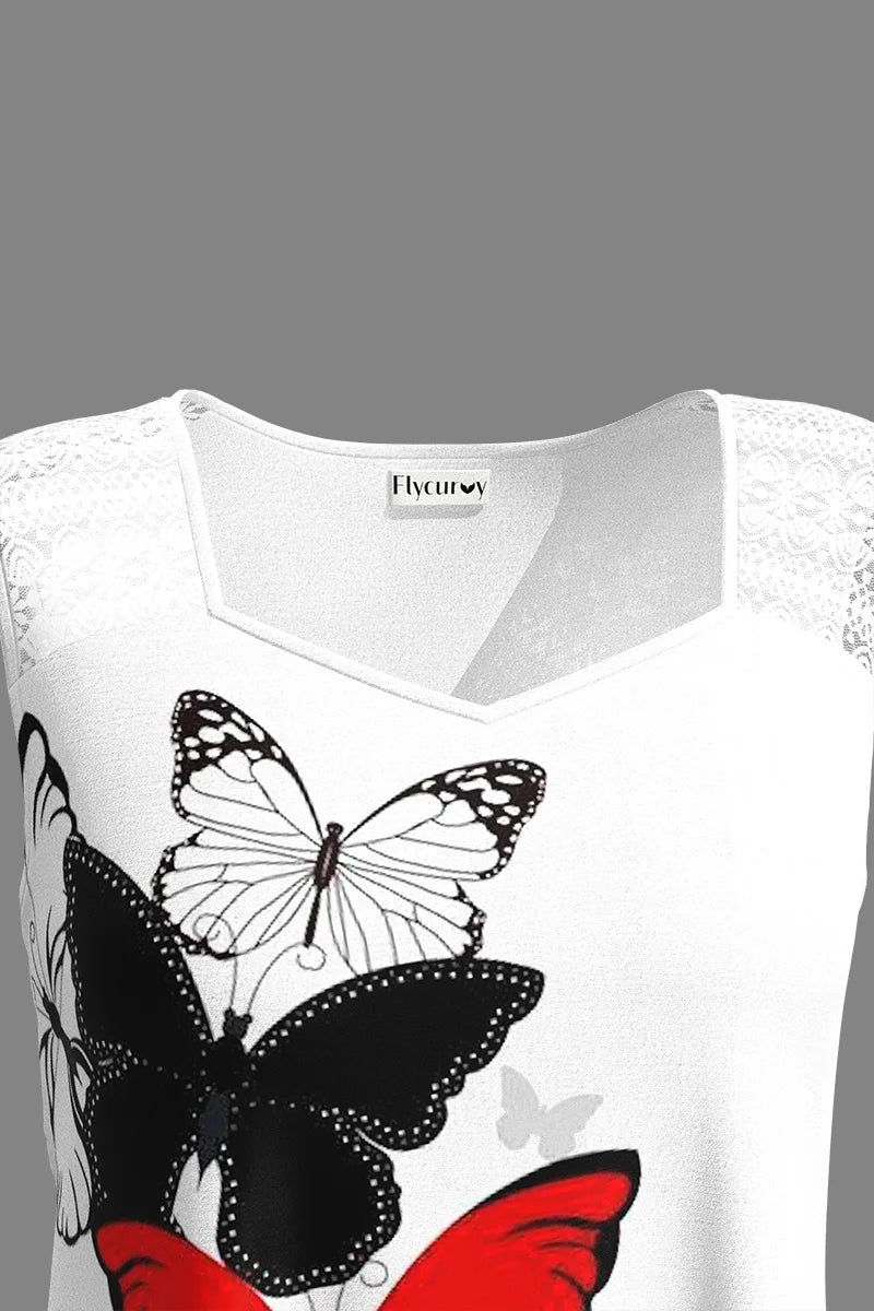 Camiseta sin mangas de talla grande para mujer, camiseta informal con costuras de encaje blanco, estampado de mariposa, sin mangas, Camiseta holgada básica con cuello cuadrado, camiseta sin mangas para verano