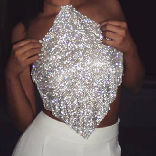 Débardeur en diamant brillant pour femmes, col licou avec strass en cristal, haut court dos nu, Sexy, boîte de nuit, Festival Rave Y2K, Camis de fête