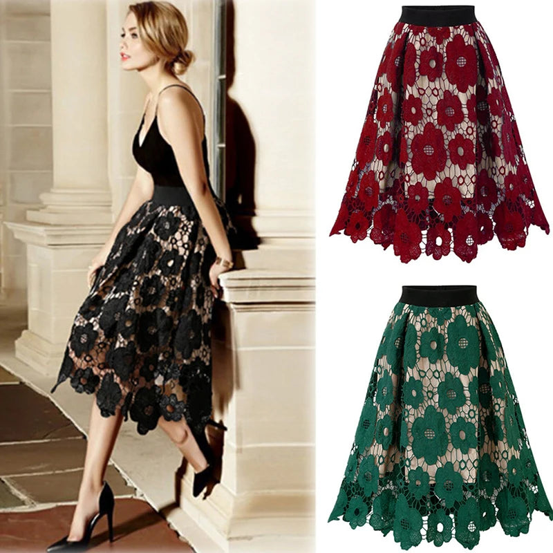 Elegant Summer Boho Lace Skirts Women Vintage Mesh Hollow Out Midi Plus Size Skirt Elastic Waist A-Line Saias Black Red Green