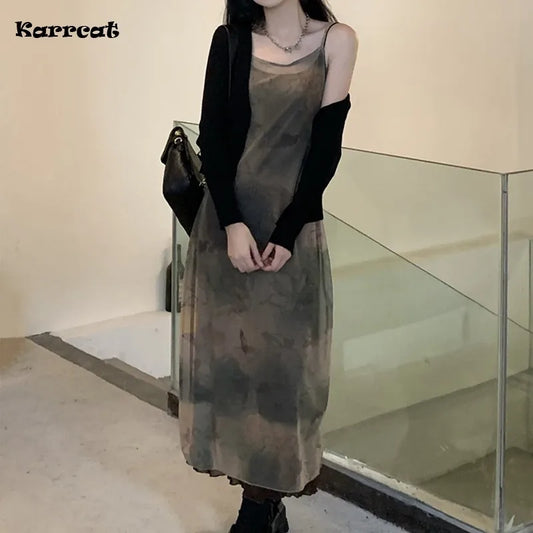 Karrcat Vintage cravate colorant impression maille robe Grunge gothique Spaghetti sangle robe mi-longue Style coréen robe de soirée Fairycore Vestidos