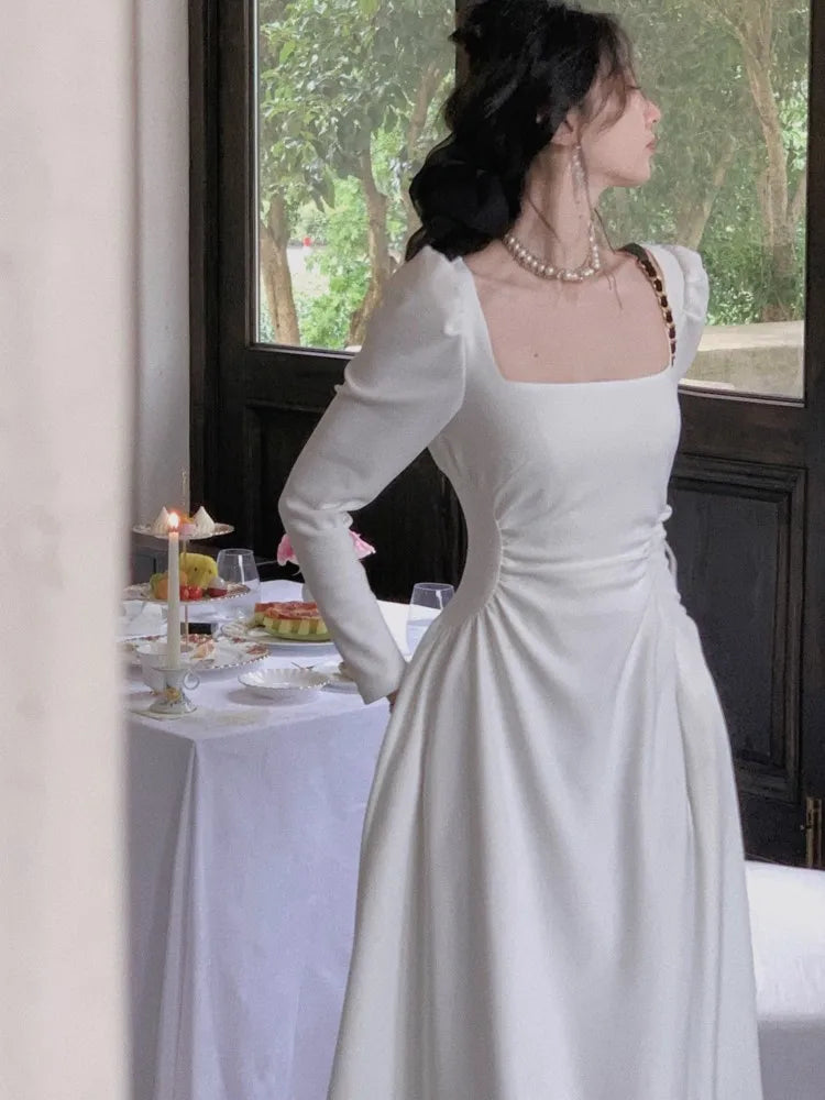 2023 primavera nuevo elegante cuello cuadrado vestido de fiesta por debajo de la rodilla para mujeres de manga larga negro blanco Vestidos ajustados ropa femenina