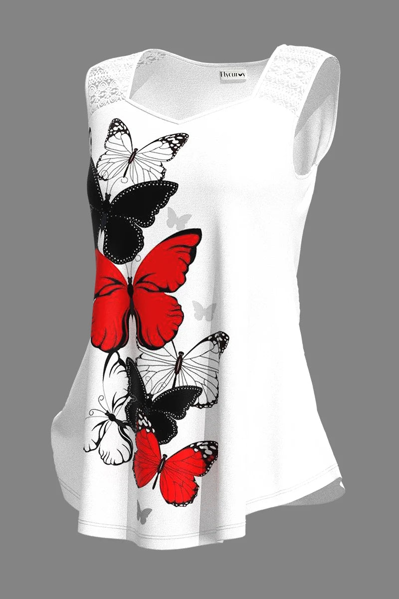 Camiseta sin mangas de talla grande para mujer, camiseta informal con costuras de encaje blanco, estampado de mariposa, sin mangas, Camiseta holgada básica con cuello cuadrado, camiseta sin mangas para verano