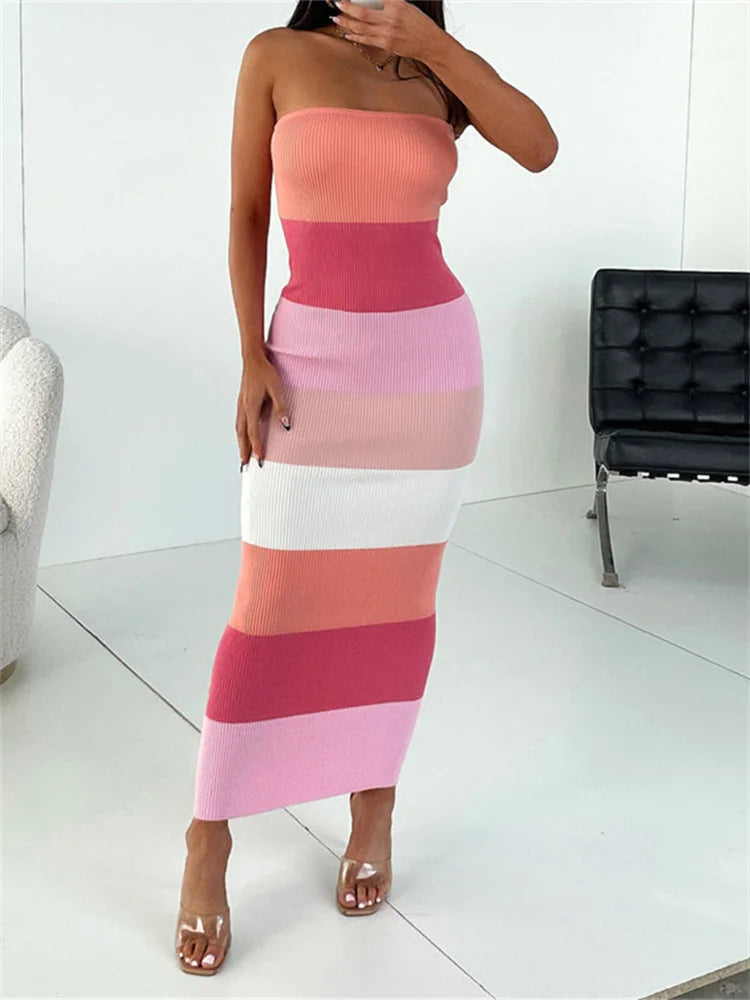 hirigin Women Summer Strapless Knitted Ribbed Dress Female Sexy Midi Vestidos Sleeveless Off Shoulder Dresses Striped Outfits