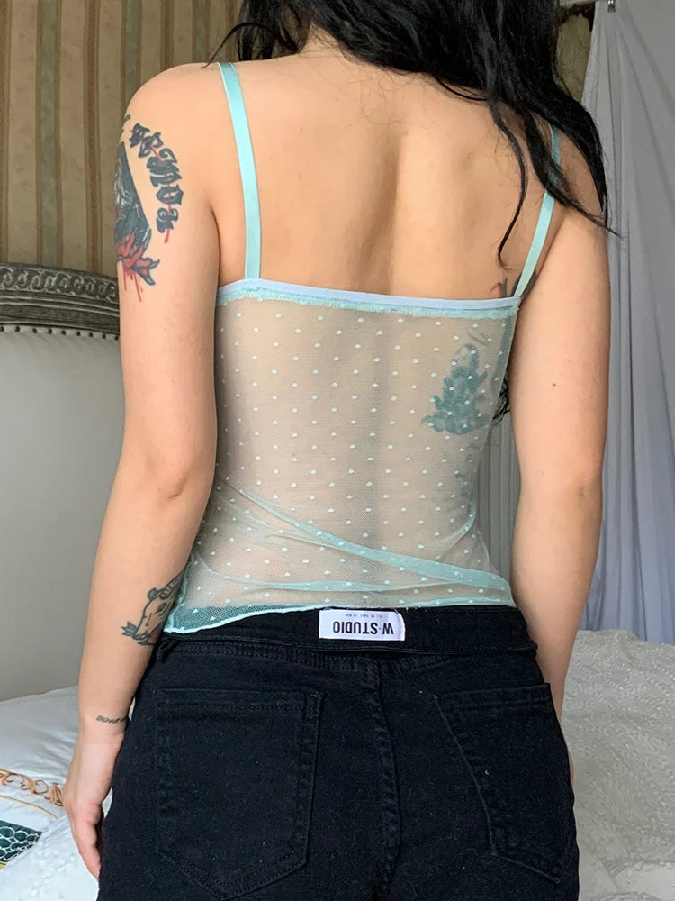 IAMHOTTY – Corset en dentelle imprimé à pois pour femmes, avec des Appliques de fleurs, laitière, Sexy, Transparent, haut court, Camis Y2K, réservoir esthétique Transparent