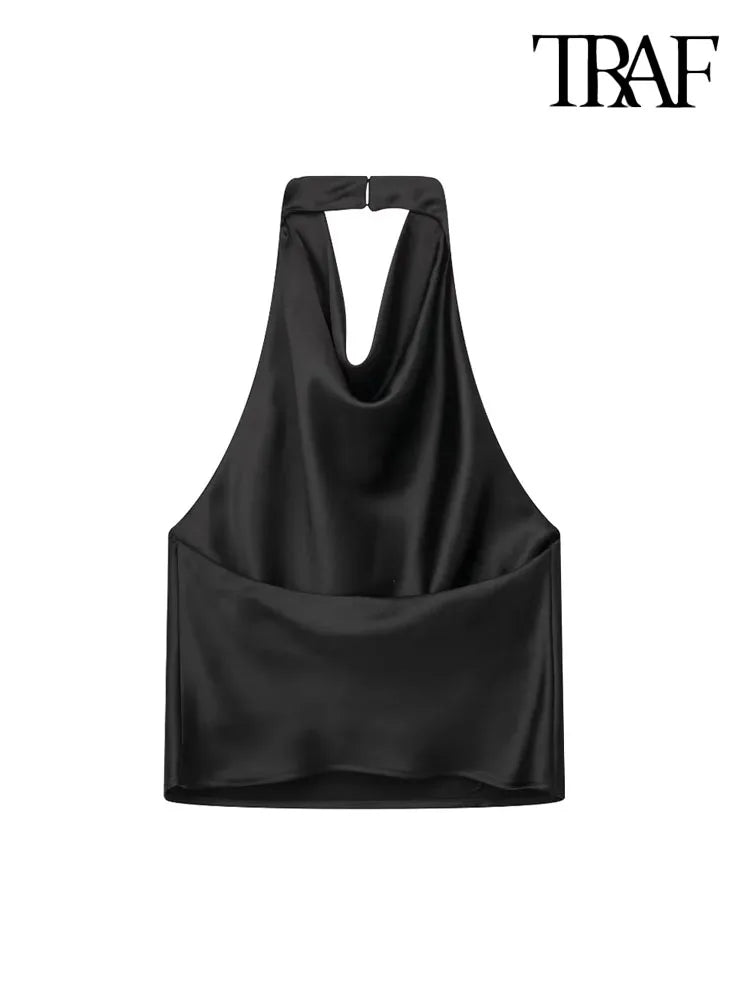 TRAF Women Fashion Satin Flowing Halterneck Tank Tops Sexy Backless With Button Female Camis Mujer