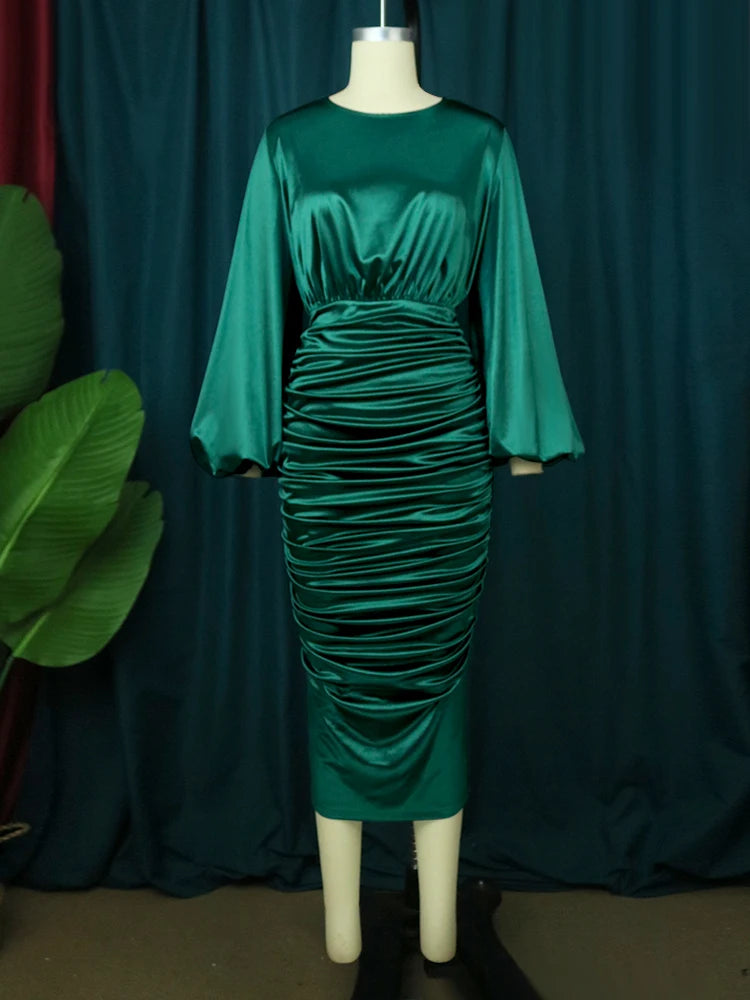 Long Sleeve Green Dresses Bodycon Elastic Satin Midi Dress Elegant plus Size Shiny Evening Christmas Party Church Outfits