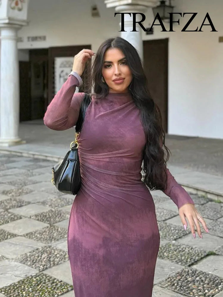 TRAFZA otoño mujer estampado de moda tul ceñido al cuerpo vestido ajustado fruncido elegante vestidos largos Midi vestido de manga larga vestidos de fiesta