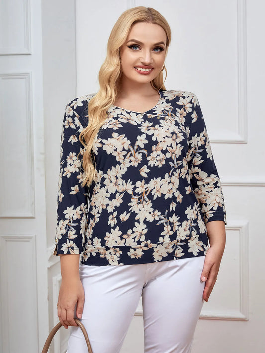 Women's Plus Size Top Spring Fashion Elegant Top Suitable for Round Women's Cotton Casual Top