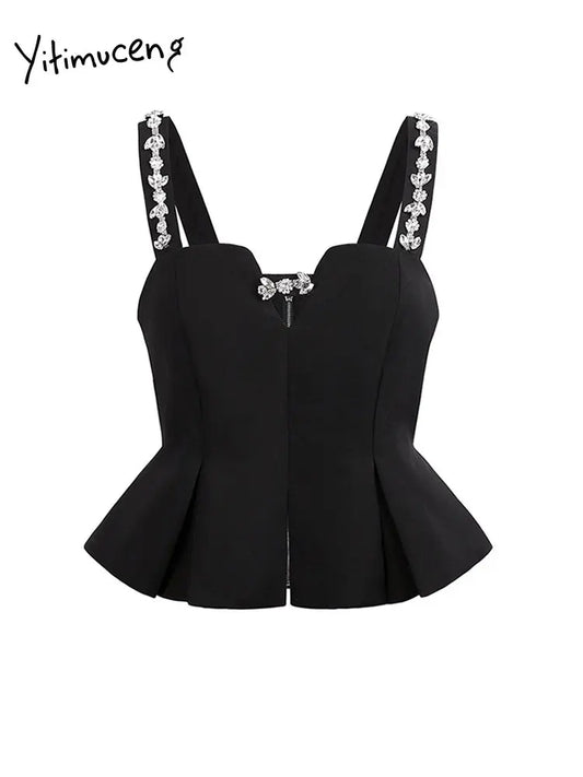 Yitimuceng-Camiseta sin mangas con diamantes negros para mujer, Top Sexy ajustado a la moda, camisola elegante informal coreana para mujer