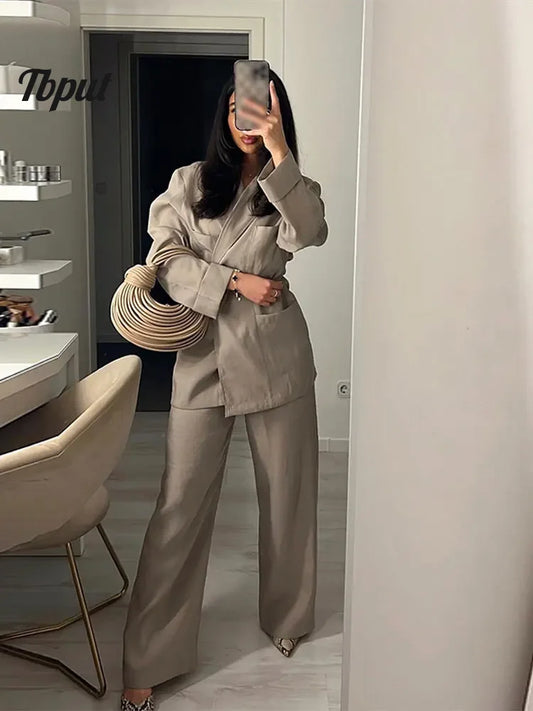 Women's Casual Lace-up Jacket Suit Lady Fashion Lapel Long Sleeve Pocket Coat Wide Leg Pant Sets Female Elegant Commuter Outfits