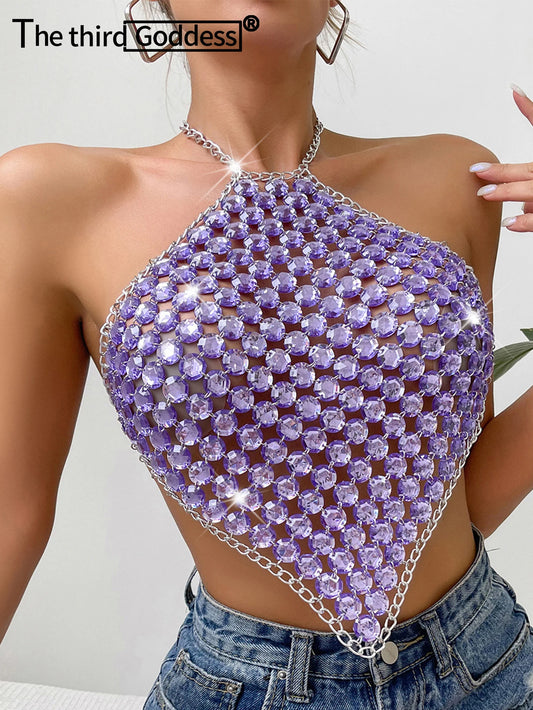 Haut court Sexy transparent avec strass en métal pour femmes, streetwear y2k, débardeur, Club, plage, fête, col licou, tenues rave, été 2023