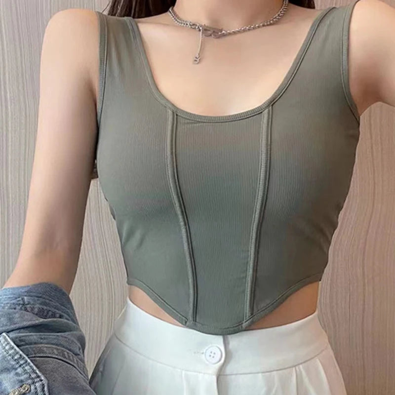 HELIAR Women Cotton Solid Tank Tops With Bra Pad Y2K Sports Crop Tops Knit Irregular Hem Camis Tops For Women 2023 Summer