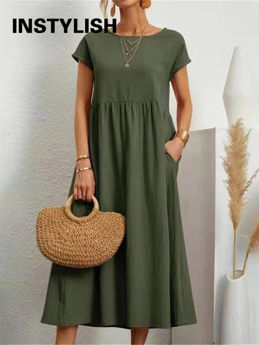 Vintage Solid Midi Dress Casual Short Sleeve Cotton and Linen Harajuku Oversized Long Dress Women Summer Y2K Maxi Sundress 2022