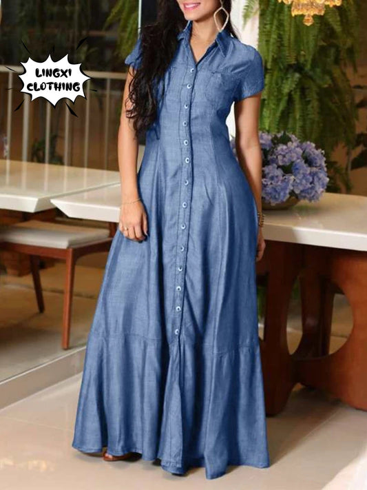 2023 Fashion New Long Dress Shirt Neck Pocket Large Swing Dress Casual Elegant Temperament Single Breasted Denim Dress Plus Size