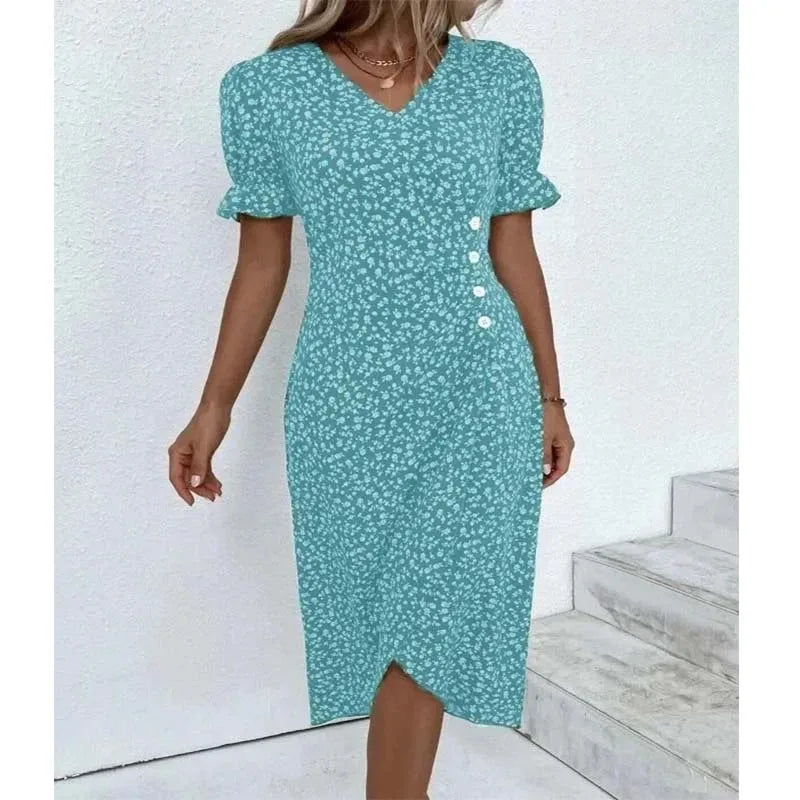 2023 Autumn Floral Bodycon Midi Dress For Women V Neck Long Sleeve Ruched Slim Fit Dresses Female Sexy Vestido Robe