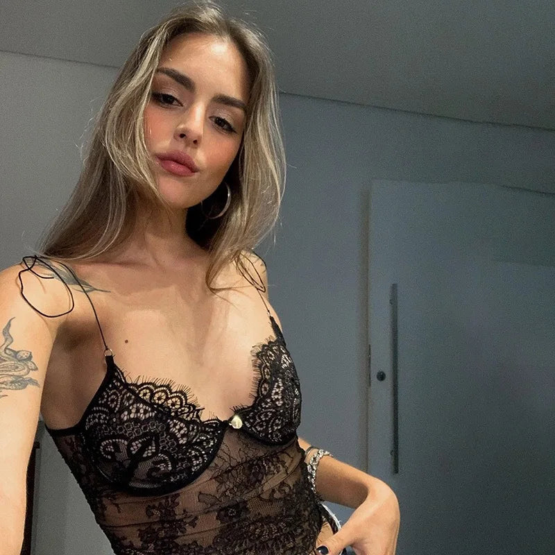 Lace Crop Top Black See Through Fashion Backless Sleeveless Sexy Tank Tops Camis 2023 Fashion Women Festival Rave 724