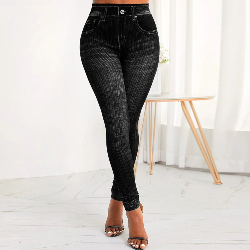 Women's Faux Denim Jeans High Waist Pants Ladies Casual Stretchy Skinny Trousers Fashion Clothing M-3XL Plus Size Leggings 2023